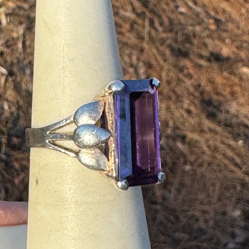 925 Rectangular Baguette Cut Amethyst Ring - image 3